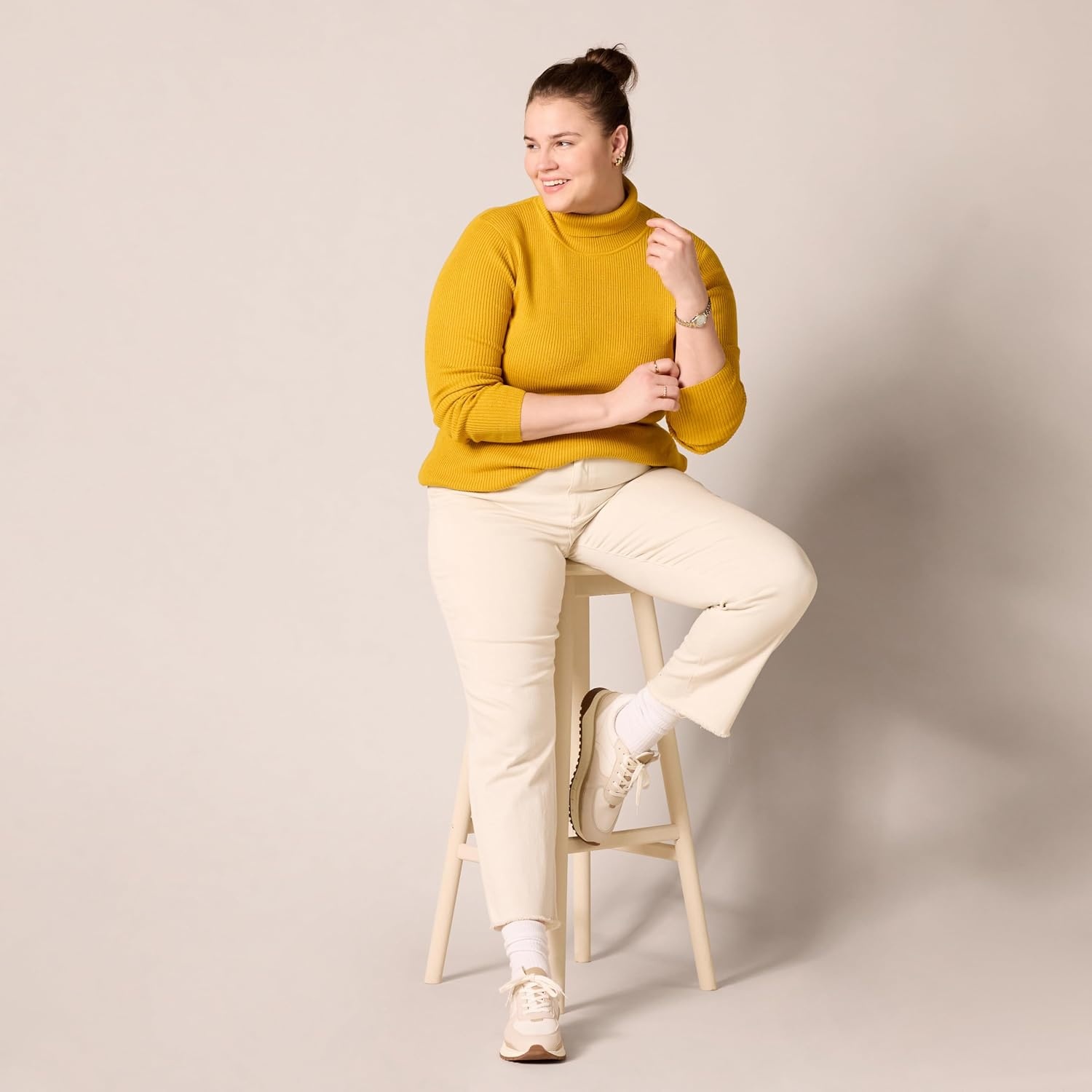 image:imageAmazon Essentials Womens SlimFit Lightweight LongSleeve Ribbed Turtleneck SweaterGold