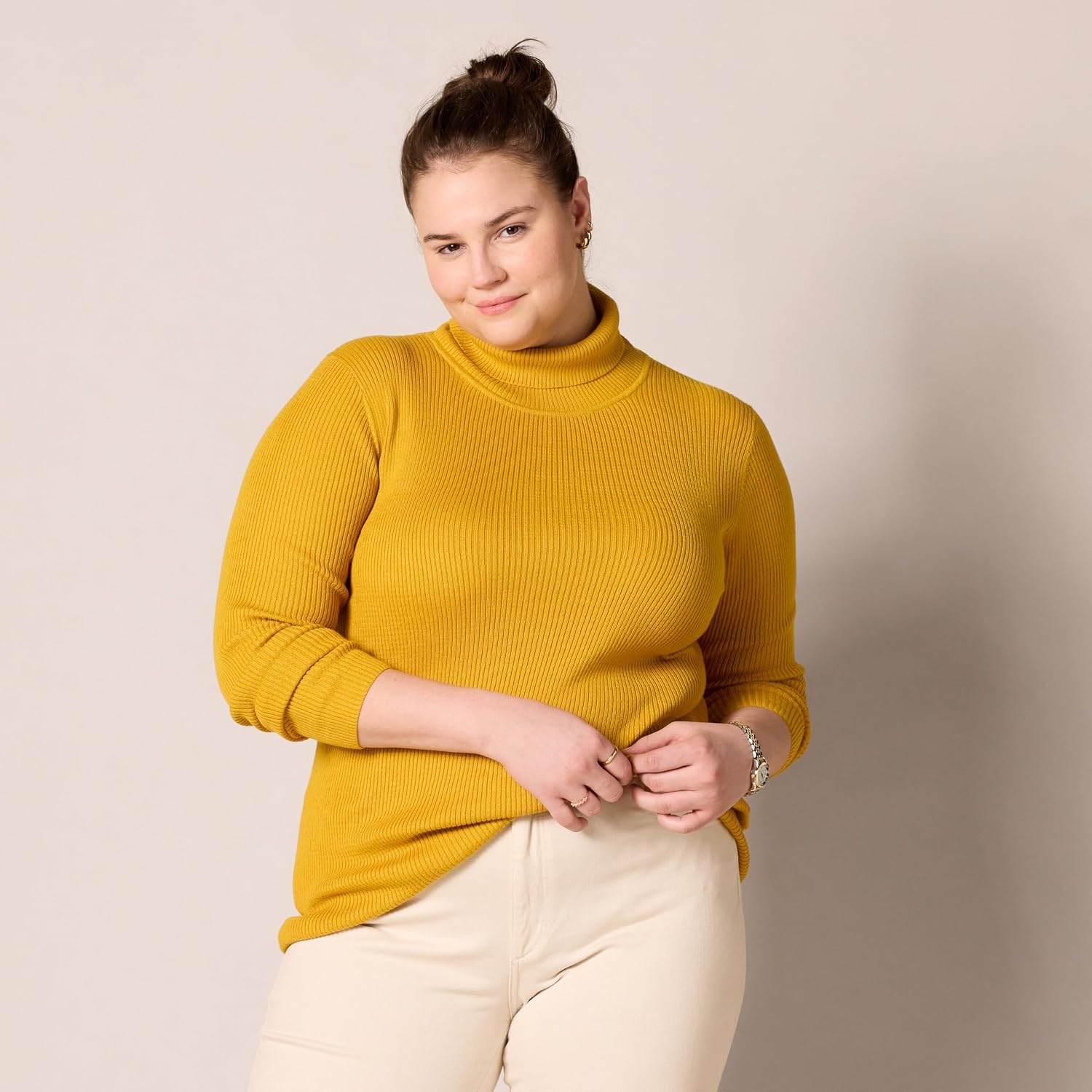 image:imageAmazon Essentials Womens SlimFit Lightweight LongSleeve Ribbed Turtleneck SweaterGold