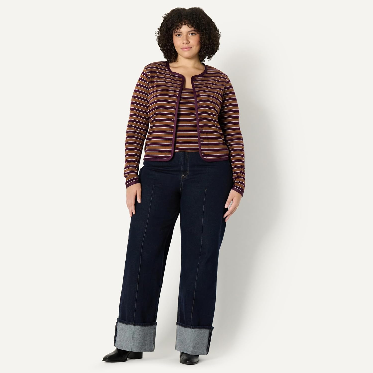 image:imageAmazon Essentials Womens SlimFit Ribbed Cardigan amp Cami Set with Removable StrapsBurgundy Brown Stripe