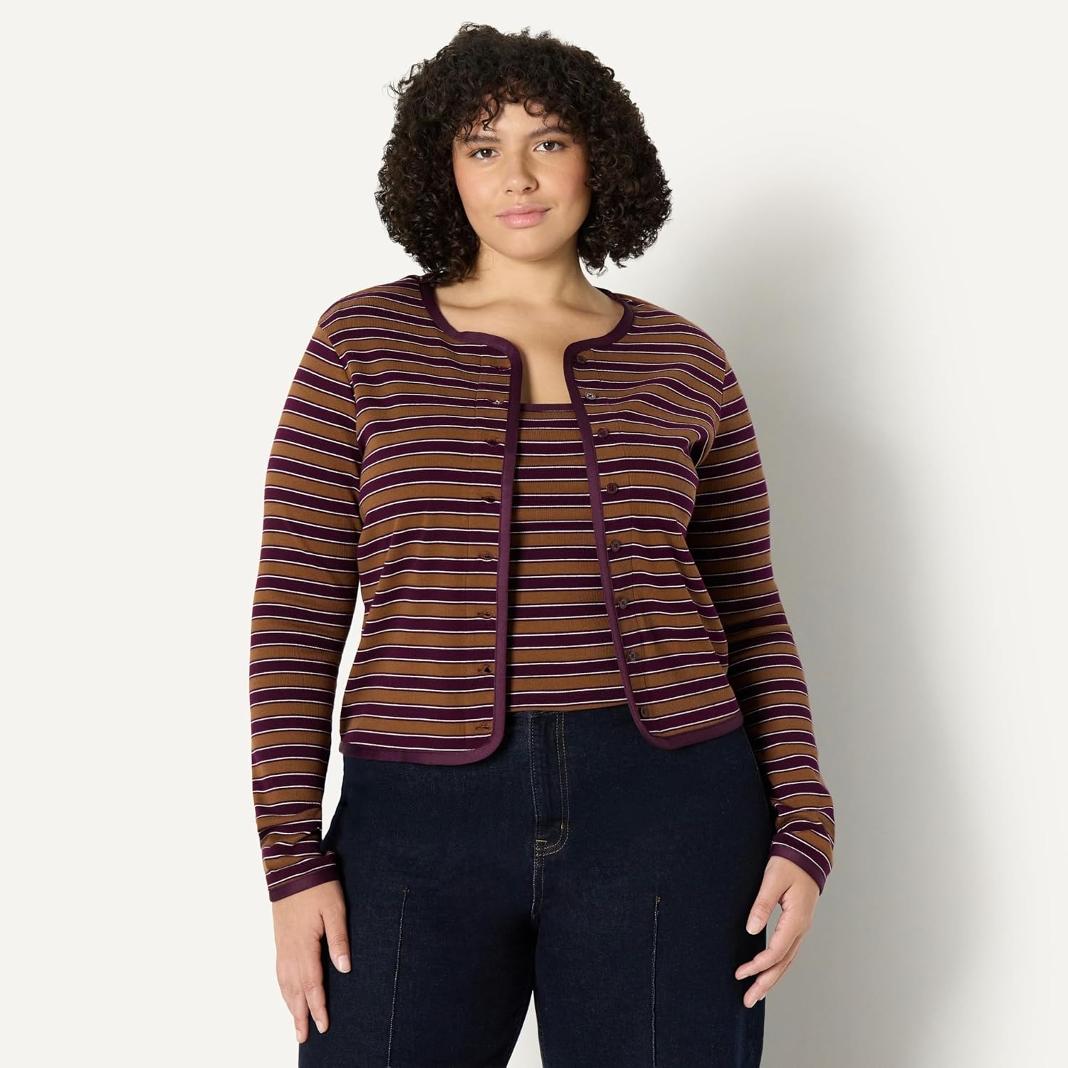 image:imageAmazon Essentials Womens SlimFit Ribbed Cardigan amp Cami Set with Removable StrapsBurgundy Brown Stripe