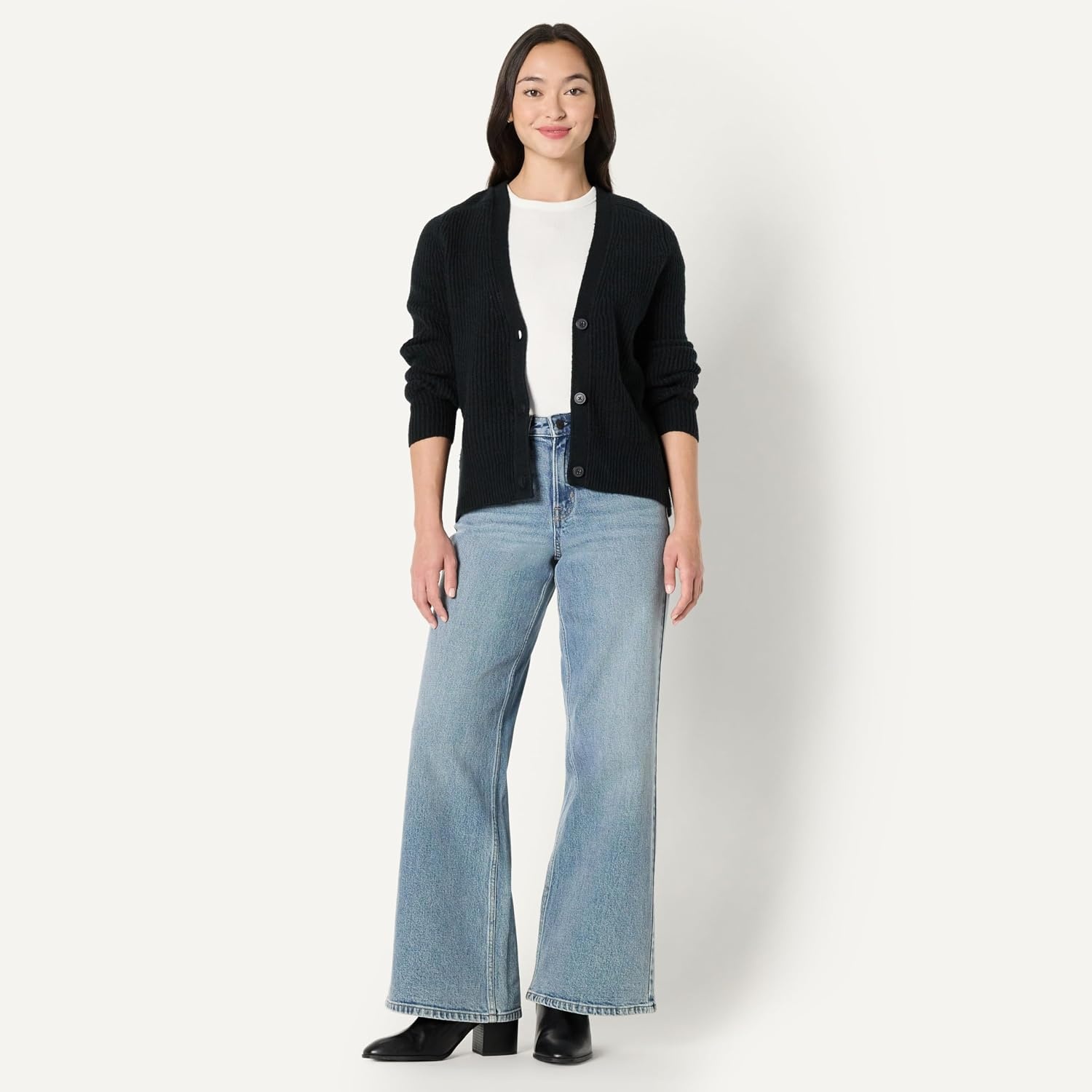 image:imageAmazon Essentials Womens Soft Touch Ribbed V Neck Blouson Cardigan SweaterBlack