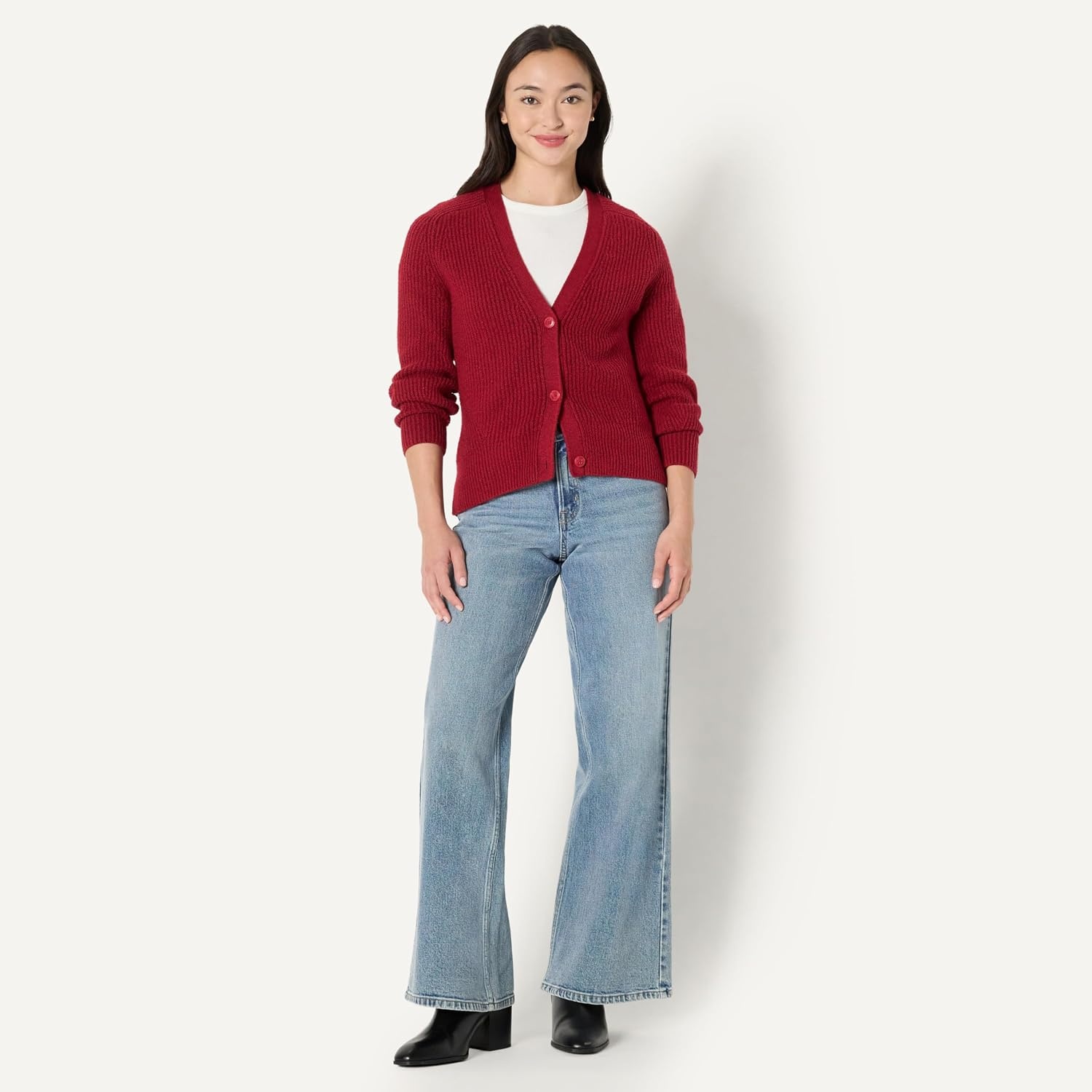 image:imageAmazon Essentials Womens Soft Touch Ribbed V Neck Blouson Cardigan SweaterDark Red