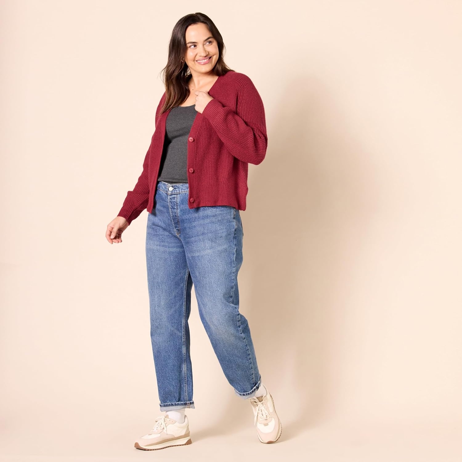 image:imageAmazon Essentials Womens Soft Touch Ribbed V Neck Blouson Cardigan SweaterDark Red