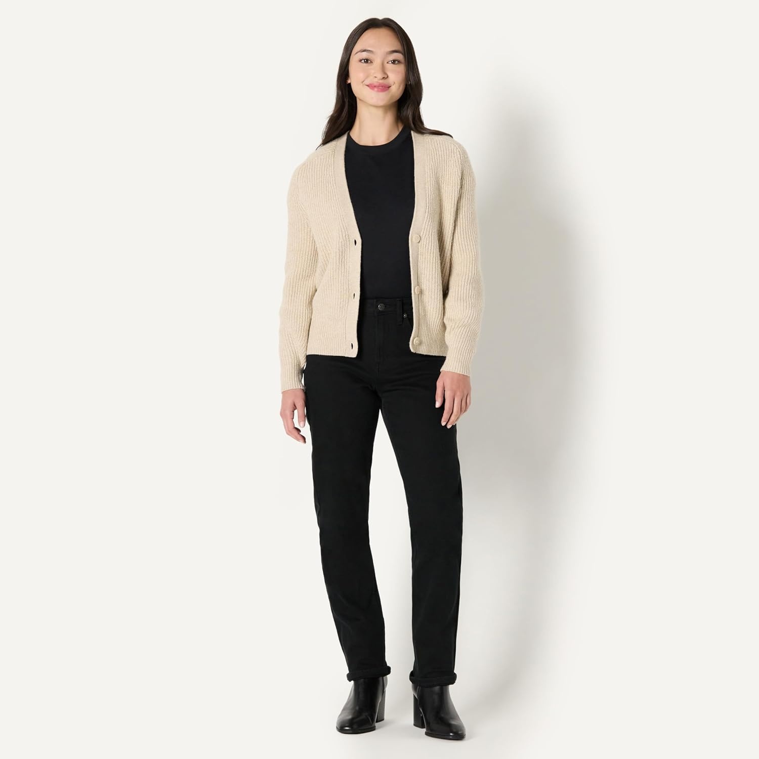 image:imageAmazon Essentials Womens Soft Touch Ribbed V Neck Blouson Cardigan SweaterWarm Beige Heather