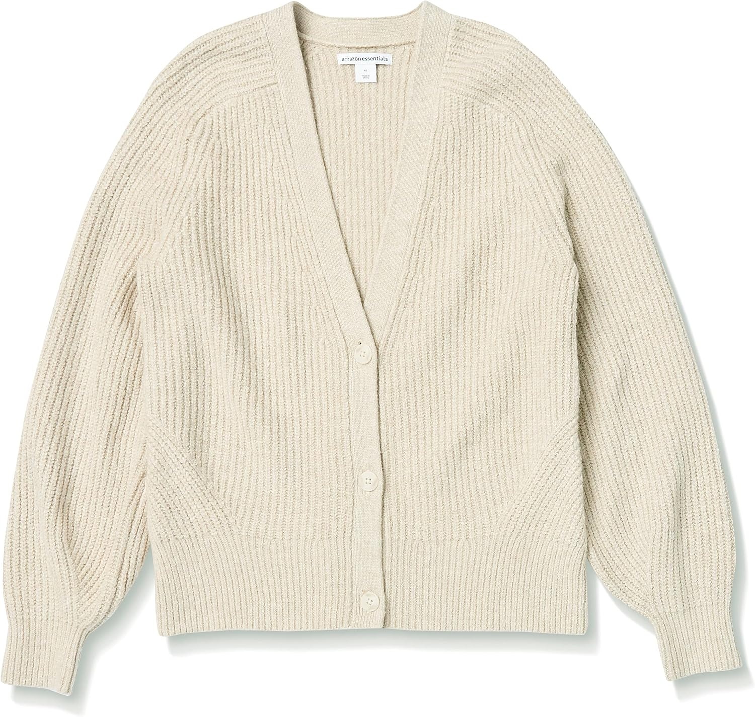 image:imageAmazon Essentials Womens Soft Touch Ribbed V Neck Blouson Cardigan SweaterWarm Beige Heather