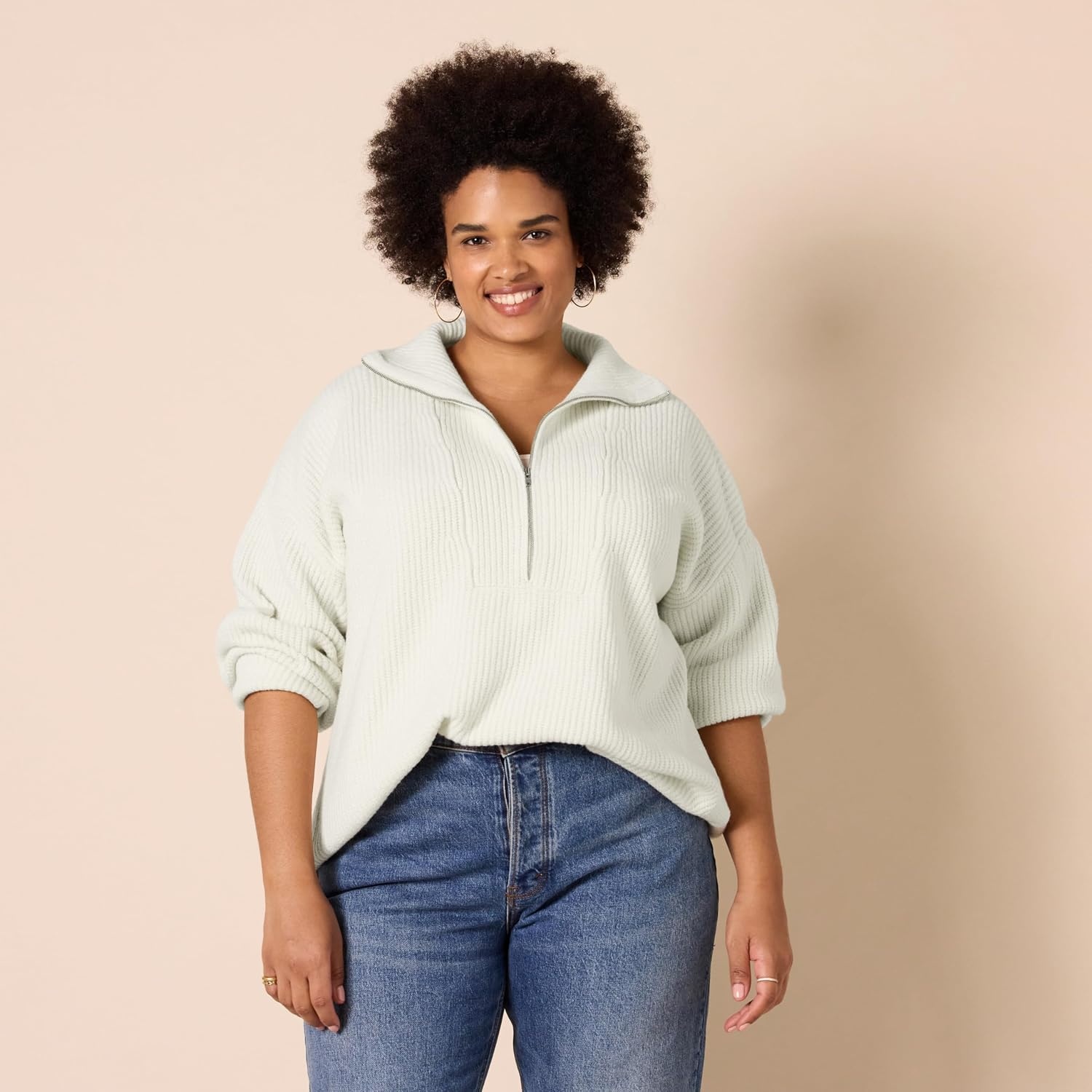 image:imageAmazon Essentials Womens Sweaters Dressy Casual Mid Gauge Stretch Half Zip Polo CollarBeige