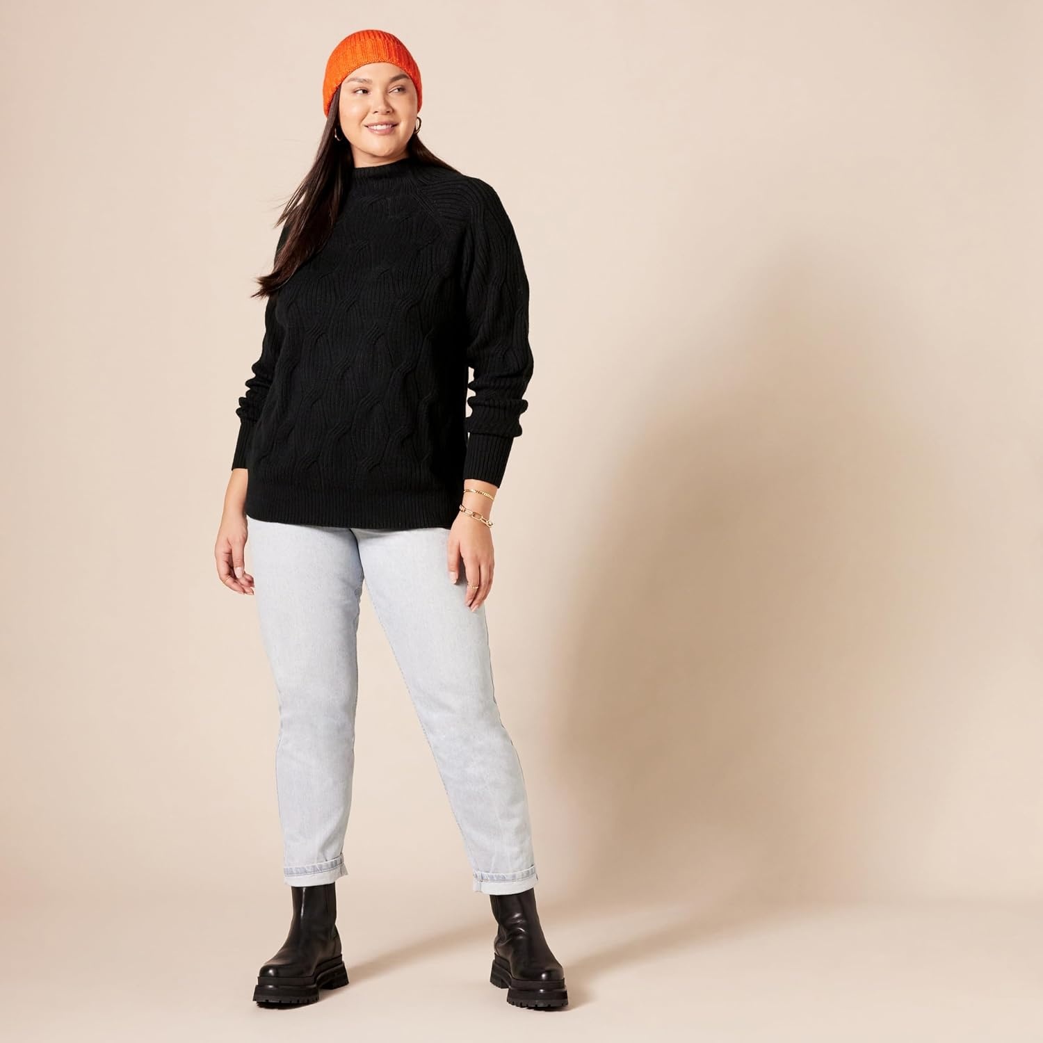 image:imageAmazon Essentials Womens Winter LongSleeve Sweater Soft Touch Funnel Neck Cable KnitBlack