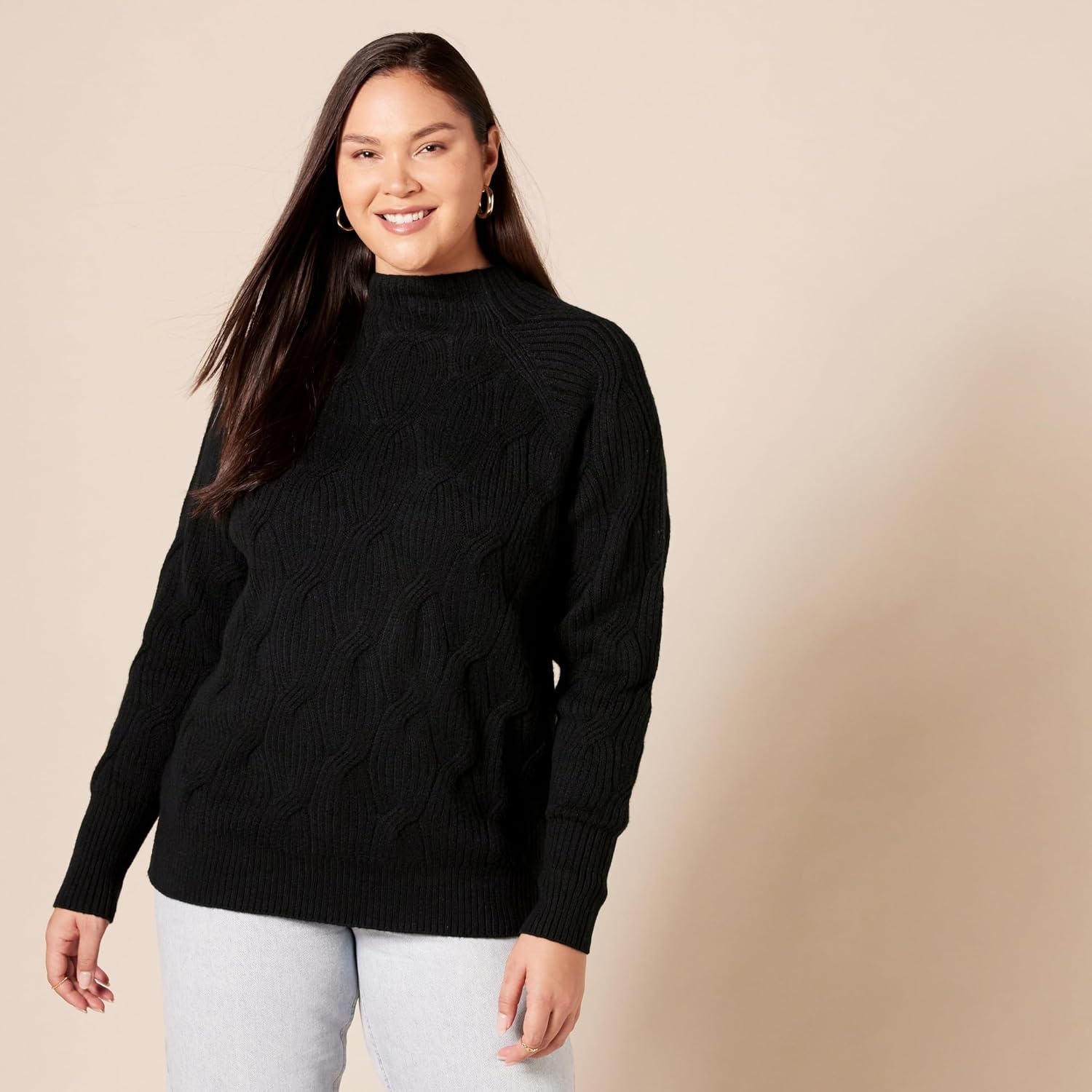 image:imageAmazon Essentials Womens Winter LongSleeve Sweater Soft Touch Funnel Neck Cable KnitBlack