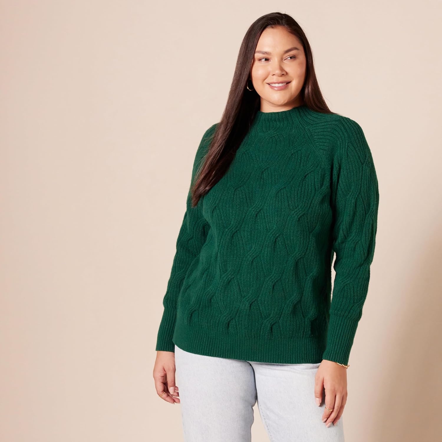 image:imageAmazon Essentials Womens Winter LongSleeve Sweater Soft Touch Funnel Neck Cable KnitDark Green