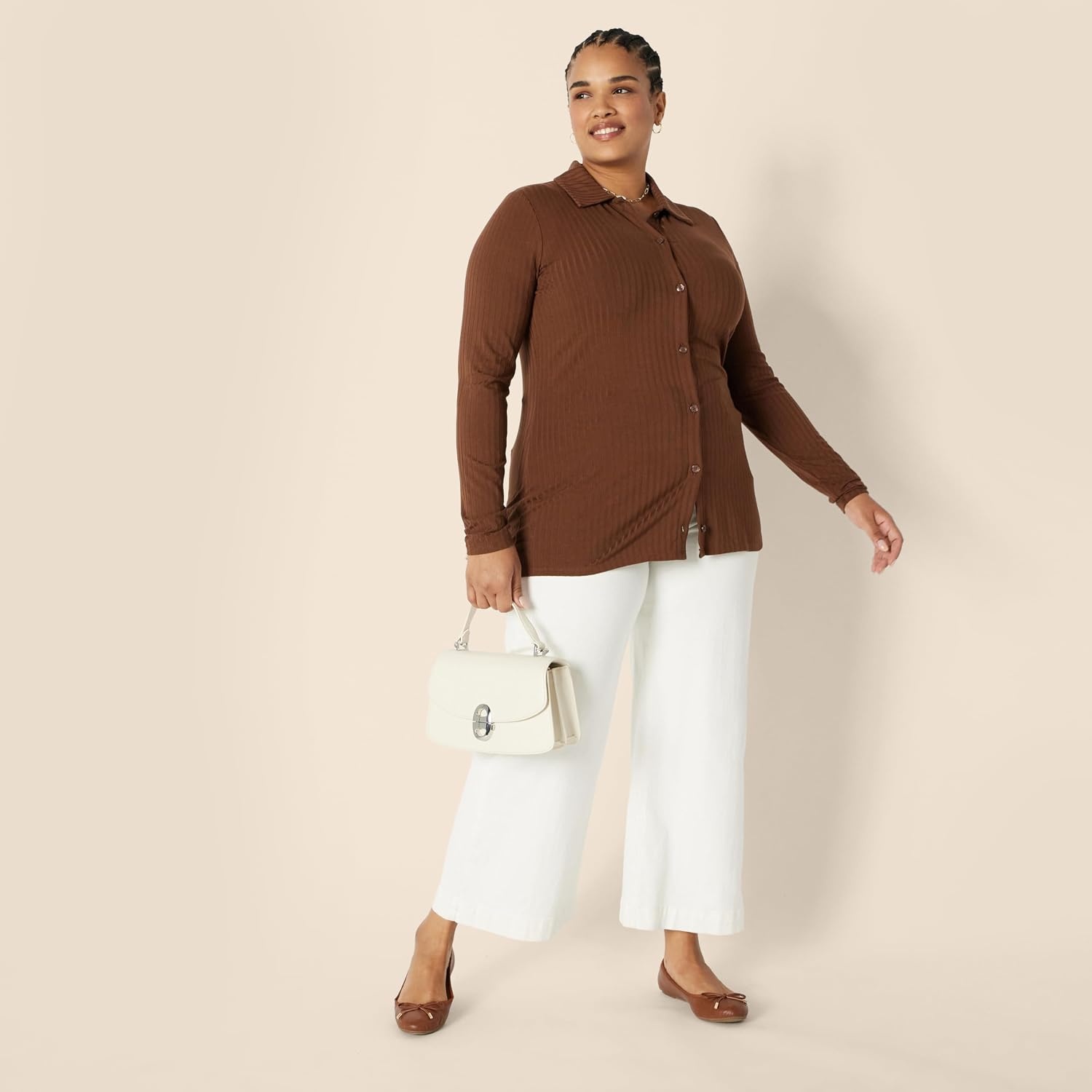 image:imageAmazon Essentials womens Wide Rib Long Sleeve Buttonup Collared Cardigan Pants Sold SeparatelyChocolate