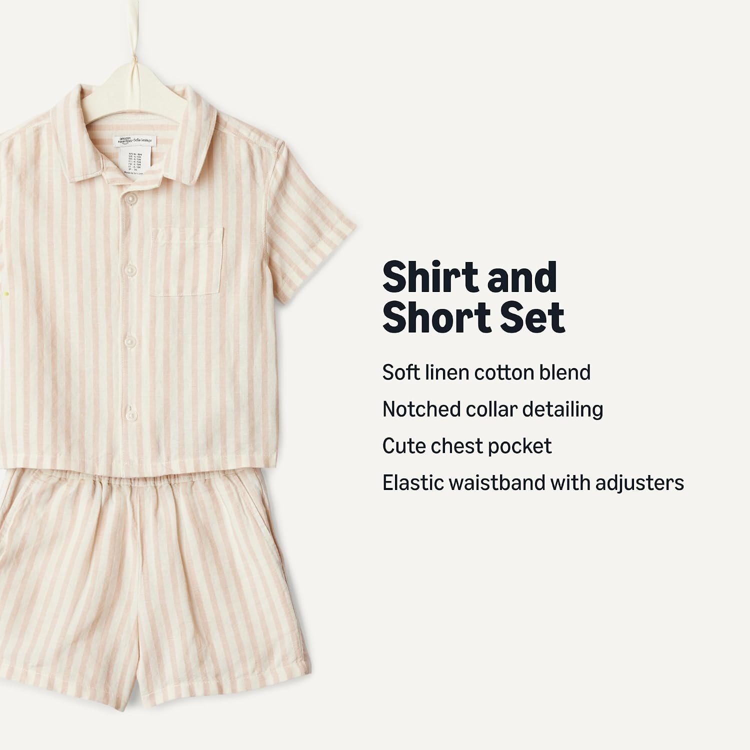image:imageAmazon Essentials x Sofia Grainge Toddlers and Baby Boys Cotton Linen Short Sleeve Shirt amp Shorts Play SetTaupe Even Stripe