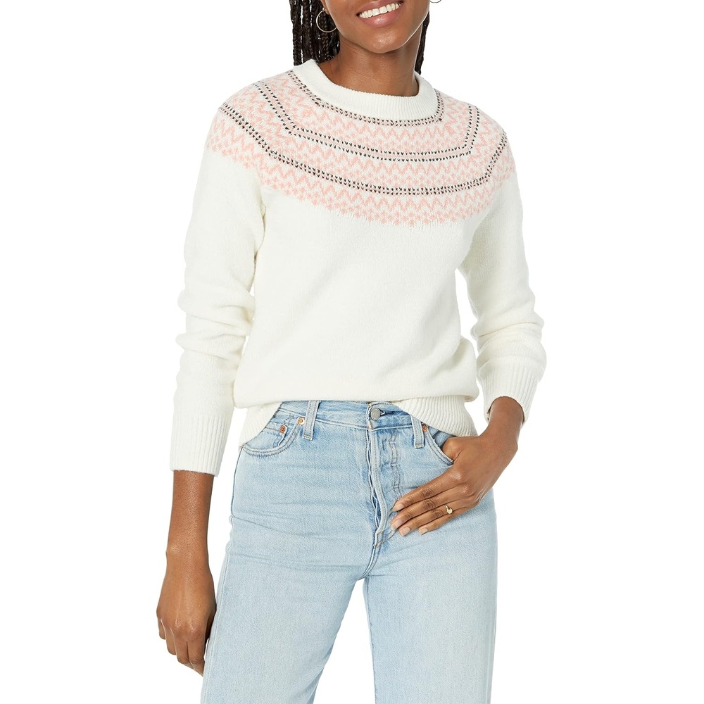 image:imageAmazon Essentials Crewneck Sweater for Women SoftTouchIvory Pink Fair Isle Print