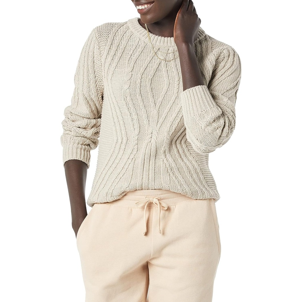 image:imageAmazon Essentials Womens 100 Cotton Crewneck Cable SweaterBeige