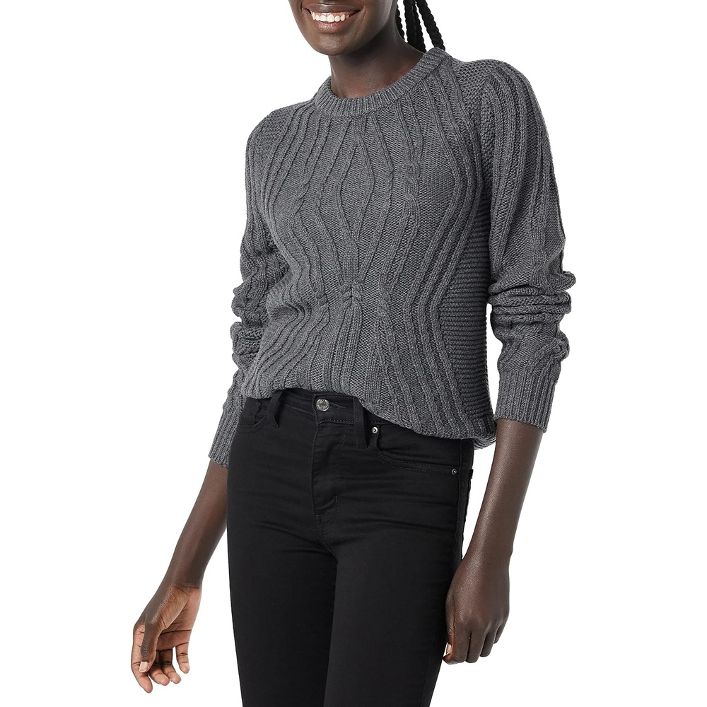 image:imageAmazon Essentials Womens 100 Cotton Crewneck Cable SweaterCharcoal Heather