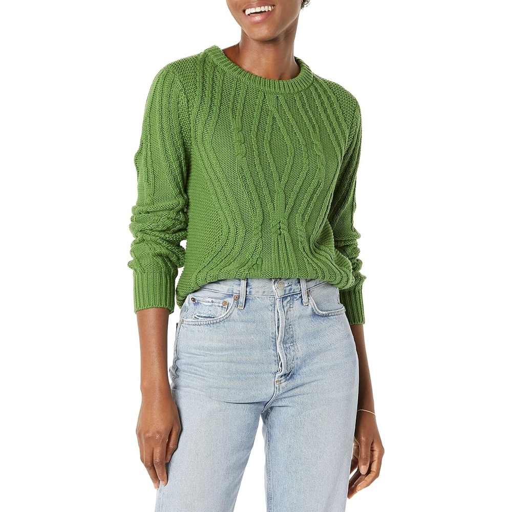 image:imageAmazon Essentials Womens 100 Cotton Crewneck Cable SweaterGreen