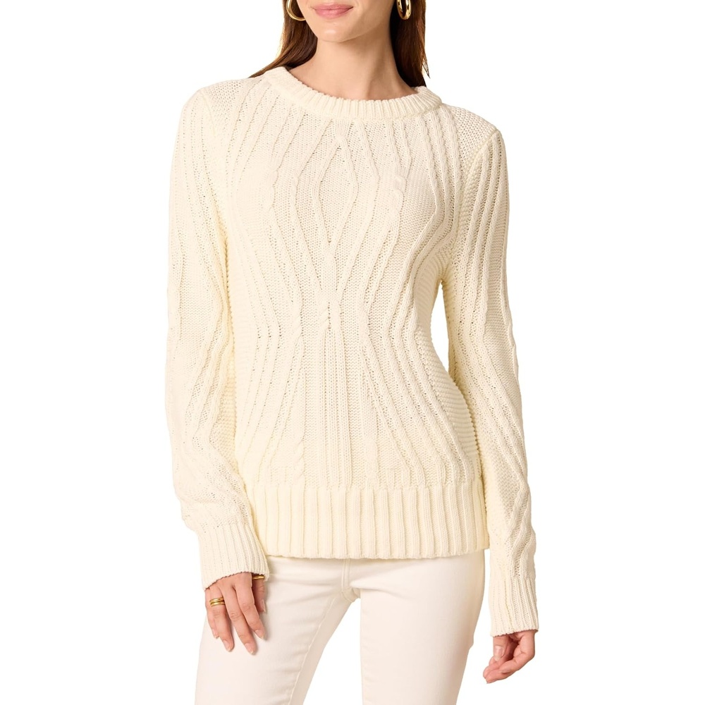 image:imageAmazon Essentials Womens 100 Cotton Crewneck Cable SweaterIvory