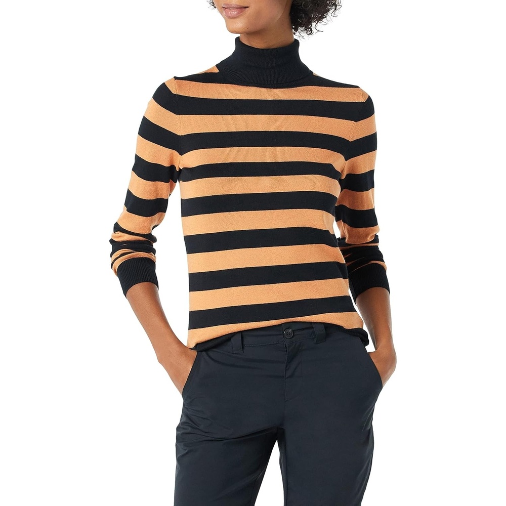 image:imageAmazon Essentials Womens ClassicFit Lightweight LongSleeve SweaterBlack Camel Rugby Stripe