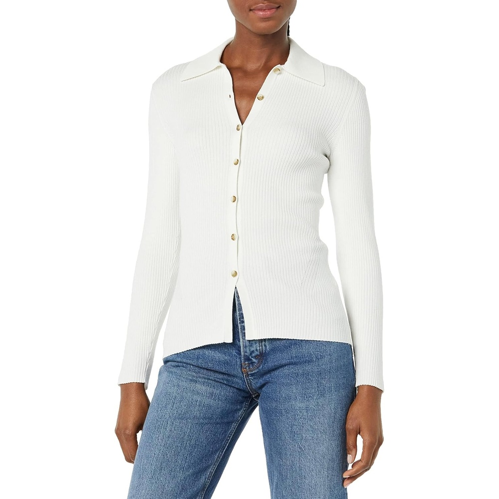 image:imageAmazon Essentials Womens Fine Gauge Stretch Polo Ribbed Cardigan Previously Daily RitualIvory