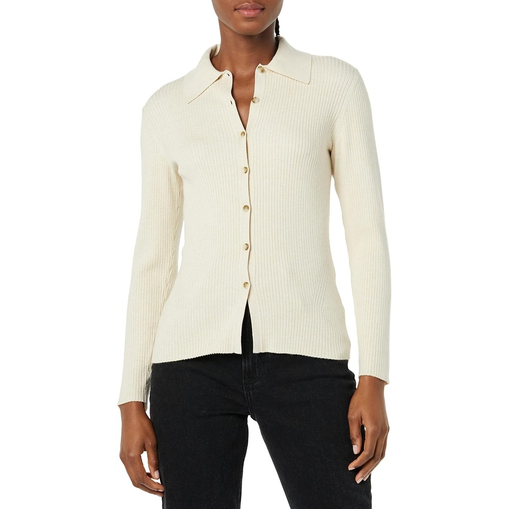 image:imageAmazon Essentials Womens Fine Gauge Stretch Polo Ribbed Cardigan Previously Daily RitualSand Heather