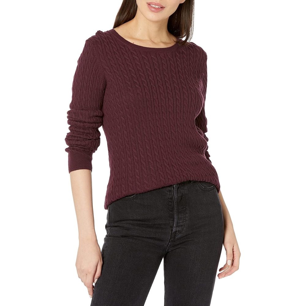 image:imageAmazon Essentials Womens Lightweight Cable Knit Long Sleeve SweaterBurgundy