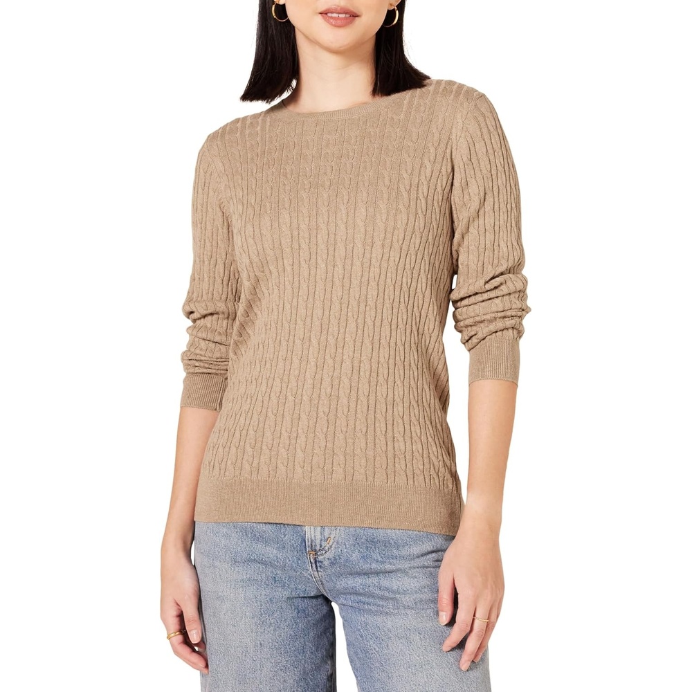 image:imageAmazon Essentials Womens Lightweight Cable Knit Long Sleeve SweaterCamel Heather