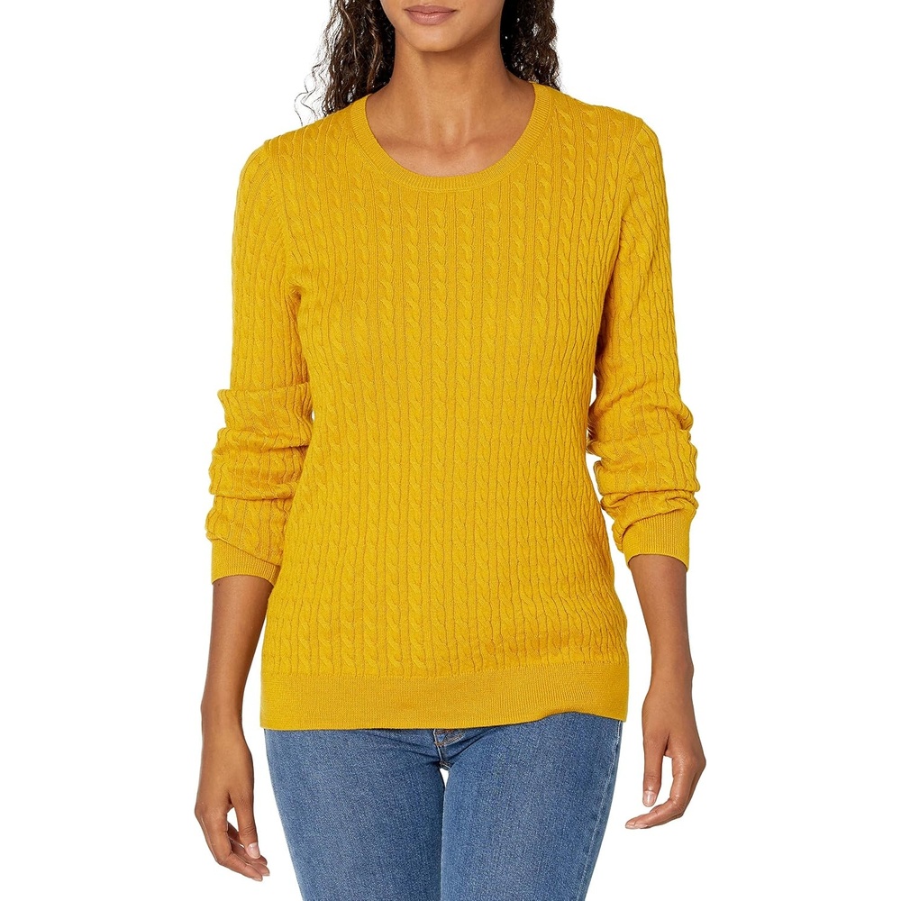 image:imageAmazon Essentials Womens Lightweight Cable Knit Long Sleeve SweaterGold