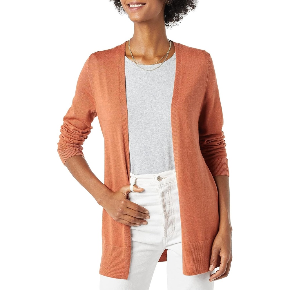 image:imageAmazon Essentials Womens Lightweight LongSleeve OpenFront Long Cardigan Sweater Regular FitCaramel