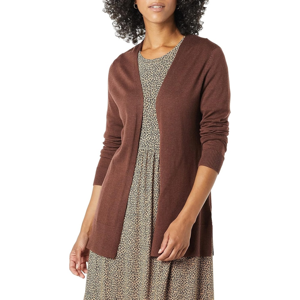 image:imageAmazon Essentials Womens Lightweight LongSleeve OpenFront Long Cardigan Sweater Regular FitDark Chestnut Brown Heather