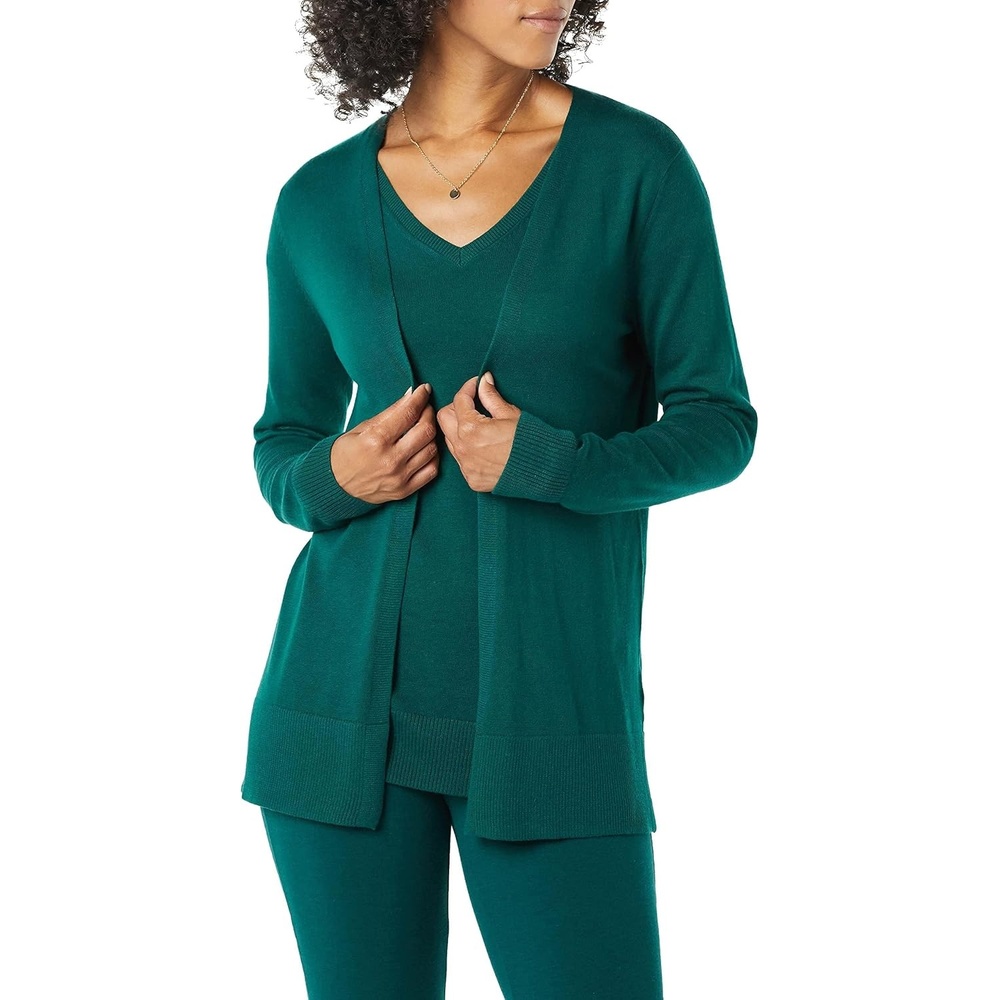 image:imageAmazon Essentials Womens Lightweight LongSleeve OpenFront Long Cardigan Sweater Regular FitDark Green