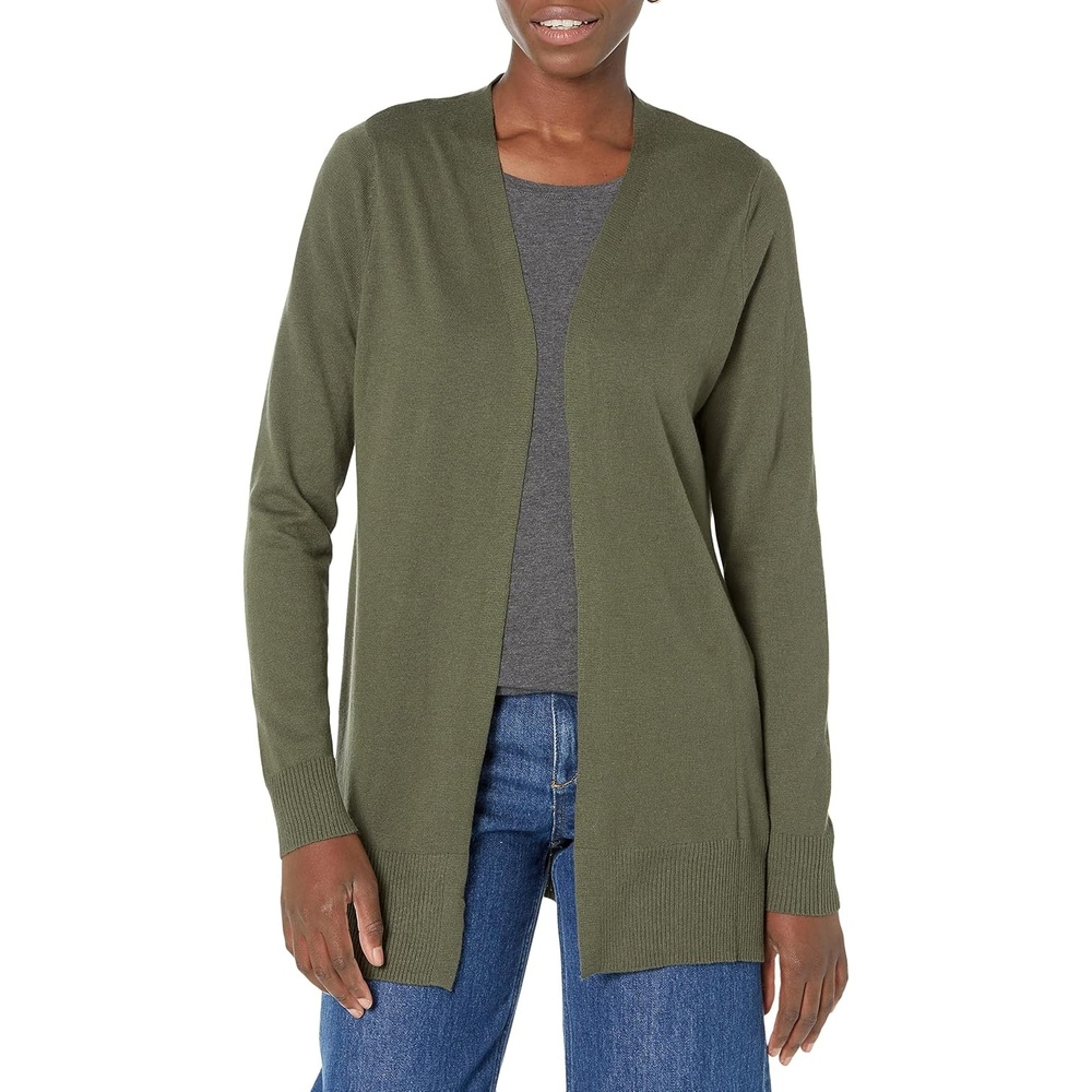 image:imageAmazon Essentials Womens Lightweight LongSleeve OpenFront Long Cardigan Sweater Regular FitOlive