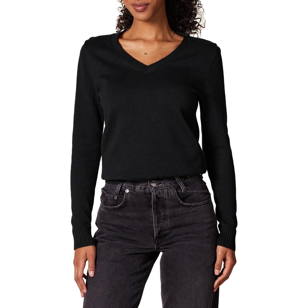 image:imageAmazon Essentials Womens Lightweight LongSleeve VNeck Cotton SweaterBlack