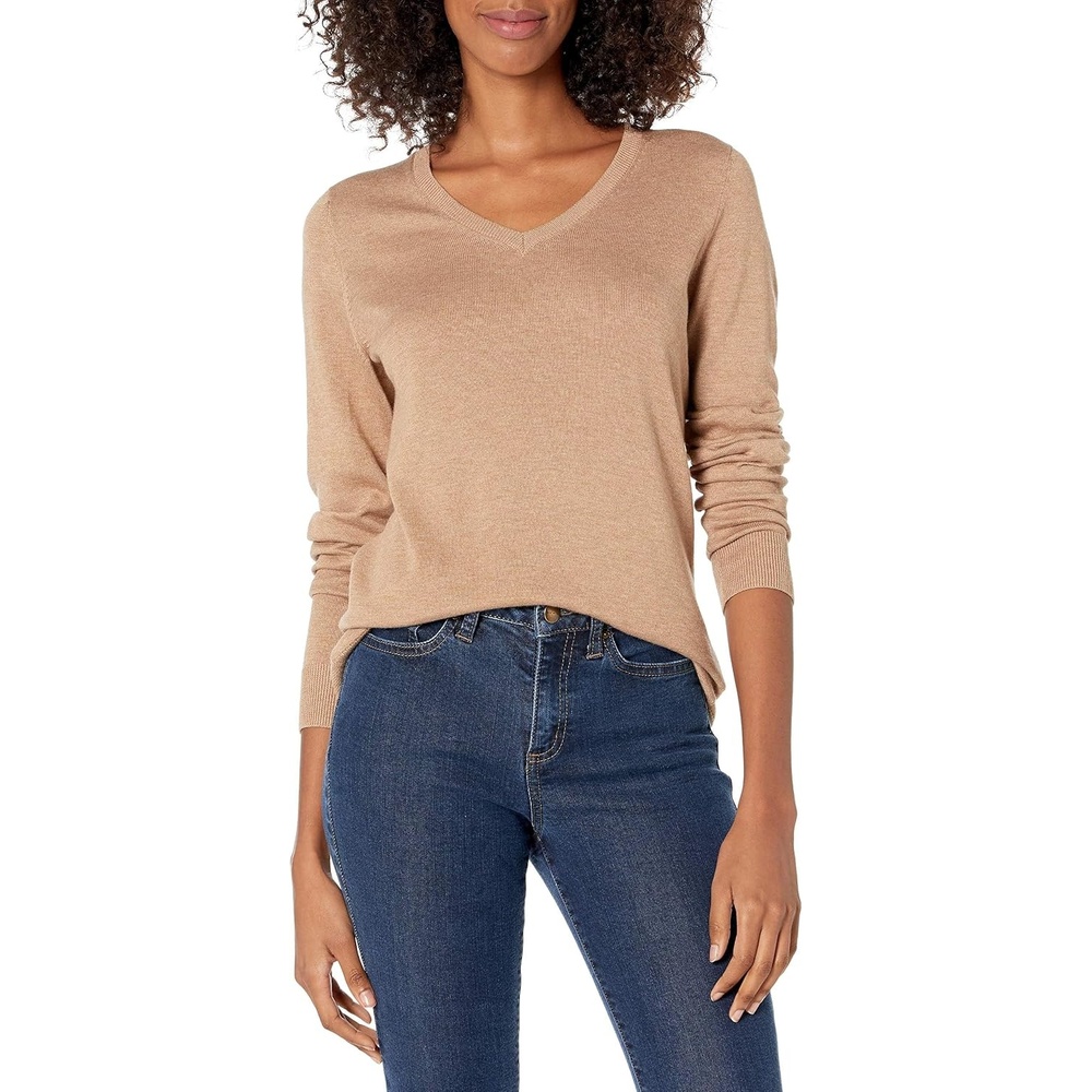 image:imageAmazon Essentials Womens Lightweight LongSleeve VNeck SweaterCamel Heather