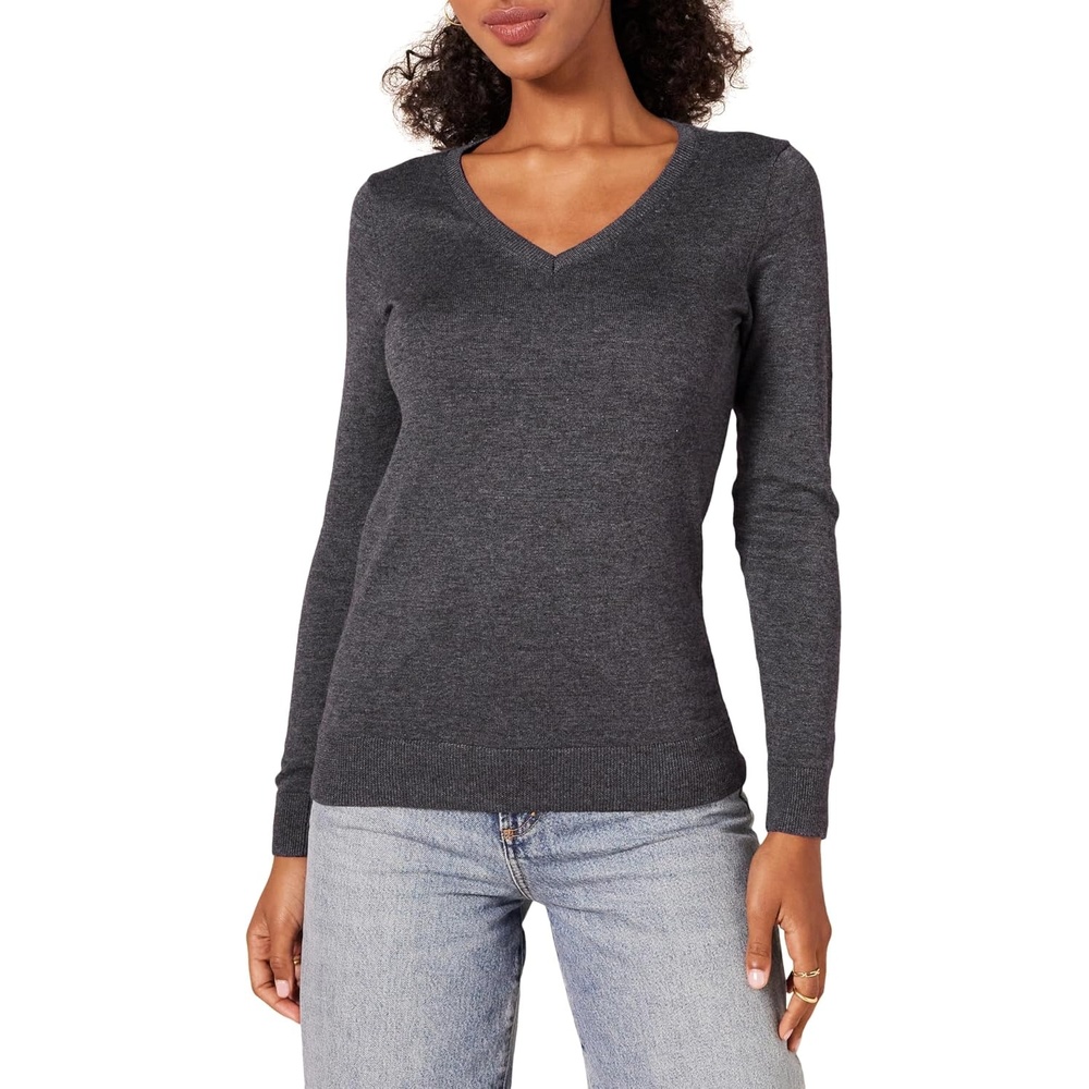 image:imageAmazon Essentials Womens Lightweight LongSleeve VNeck SweaterCharcoal Heather