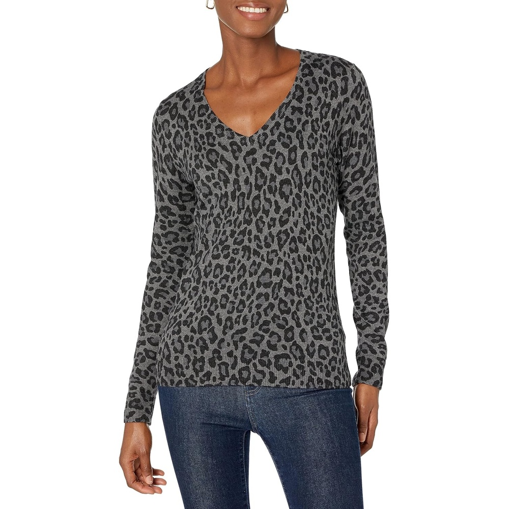 image:imageAmazon Essentials Womens Lightweight LongSleeve VNeck SweaterGrey Heather Animal Print
