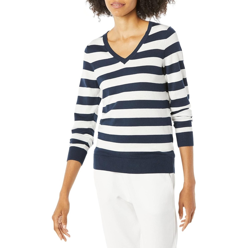 image:imageAmazon Essentials Womens Lightweight LongSleeve VNeck SweaterNavy White Rugby Stripe
