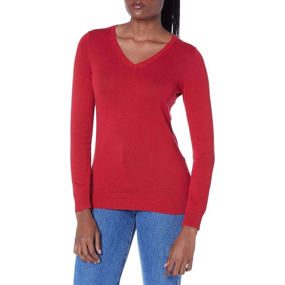 image:imageAmazon Essentials Womens Lightweight LongSleeve VNeck SweaterRed
