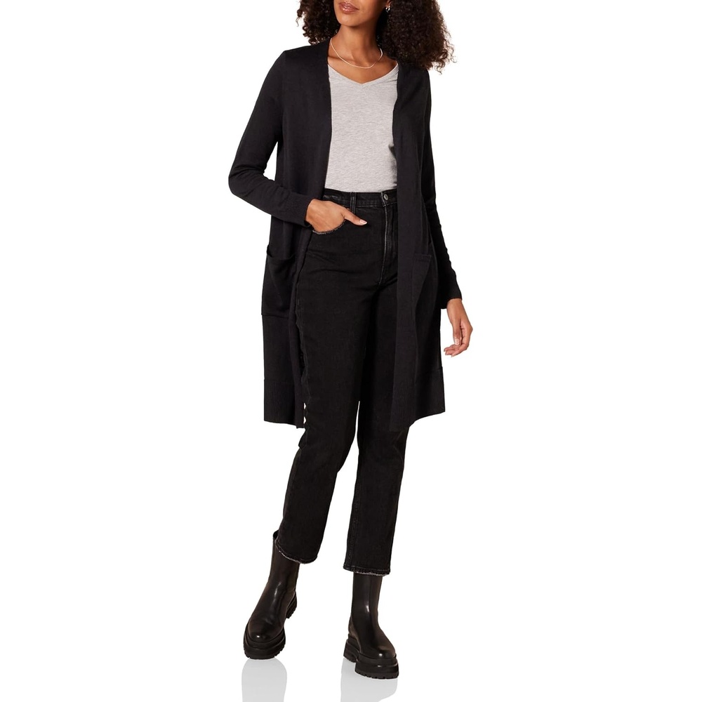 image:imageAmazon Essentials Womens Lightweight Longer Length OpenFront LongSleeve Cardigan SweaterBlack