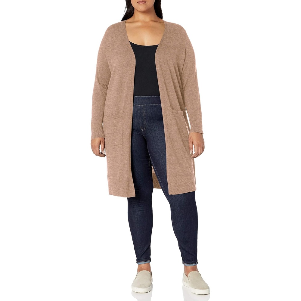 image:imageAmazon Essentials Womens Lightweight Longer Length OpenFront LongSleeve Cardigan SweaterCamel Heather