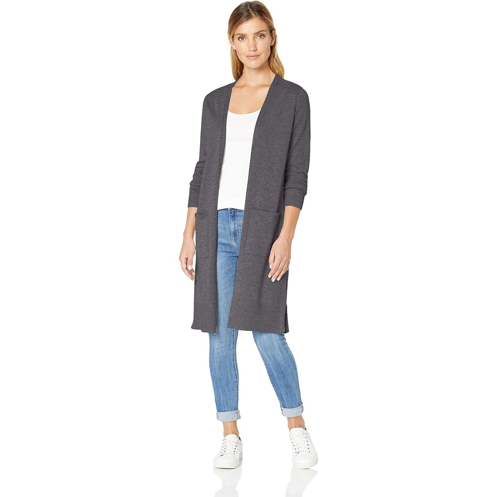 image:imageAmazon Essentials Womens Lightweight Longer Length OpenFront LongSleeve Cardigan SweaterCharcoal Heather