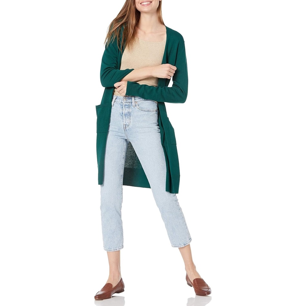 image:imageAmazon Essentials Womens Lightweight Longer Length OpenFront LongSleeve Cardigan SweaterDark Green