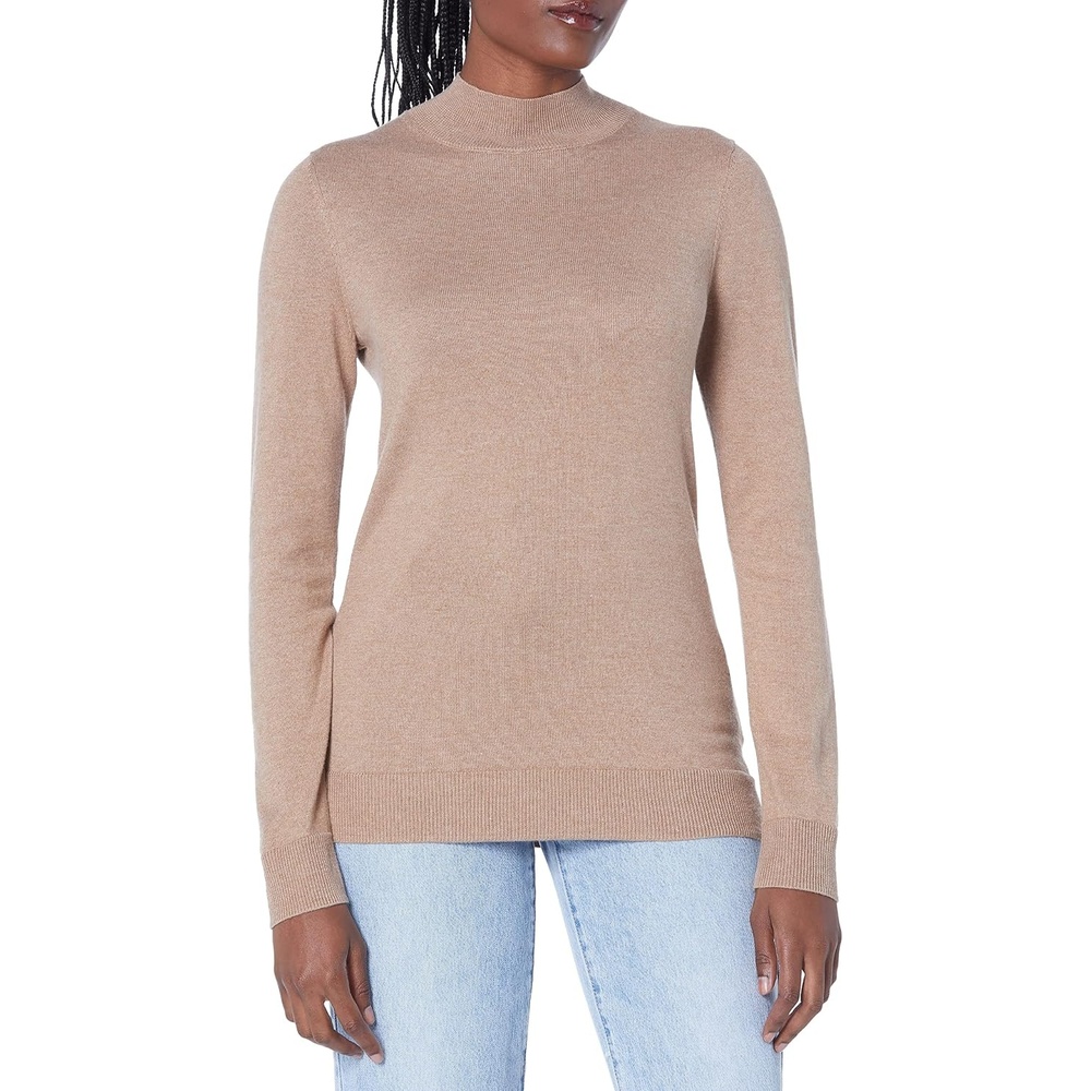 image:imageAmazon Essentials Womens Lightweight Mock Neck Pullover Sweater Regular Fit Available in Plus SizeCamel Heather