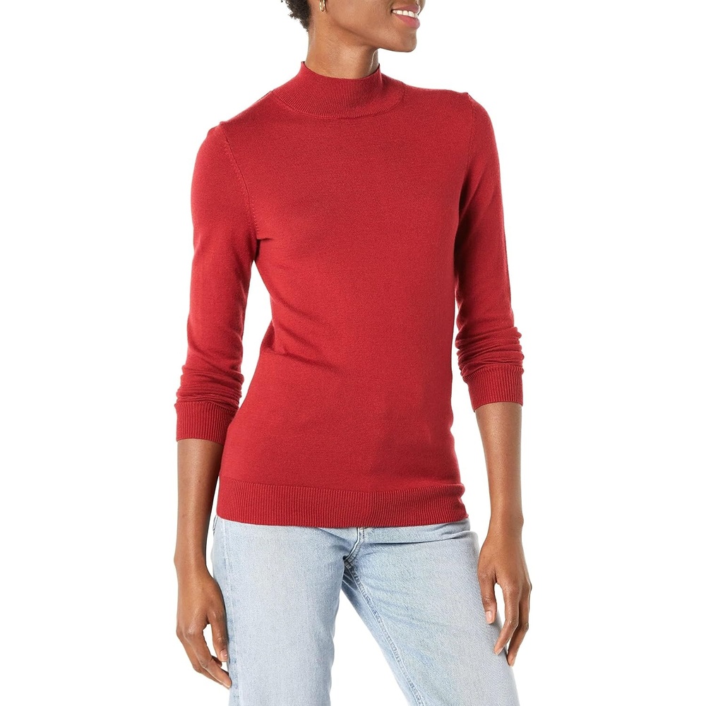 image:imageAmazon Essentials Womens Lightweight Mock Neck Pullover Sweater Regular Fit Available in Plus SizeDark Red