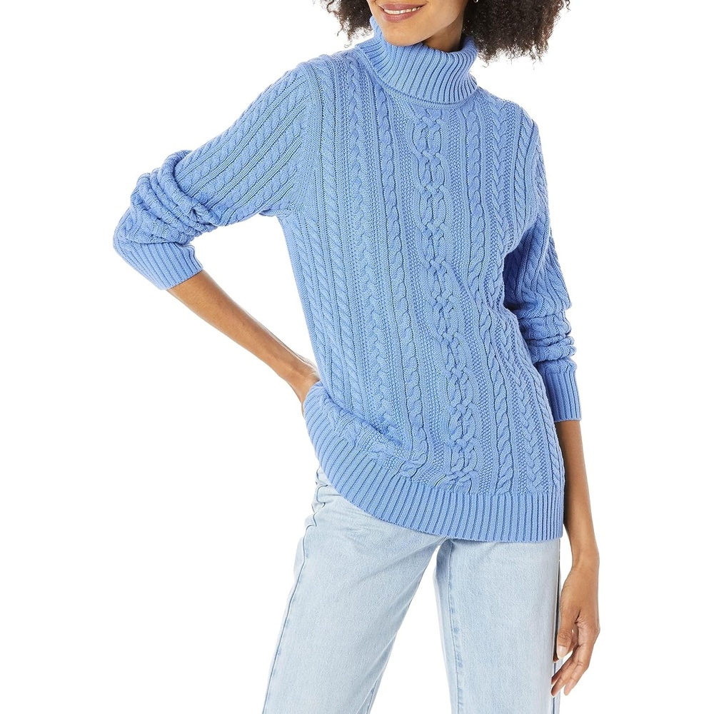 image:imageAmazon Essentials Womens Long Sleeve Fisherman Cable Knit Turtleneck Sweater Available in Plus SizeBlue