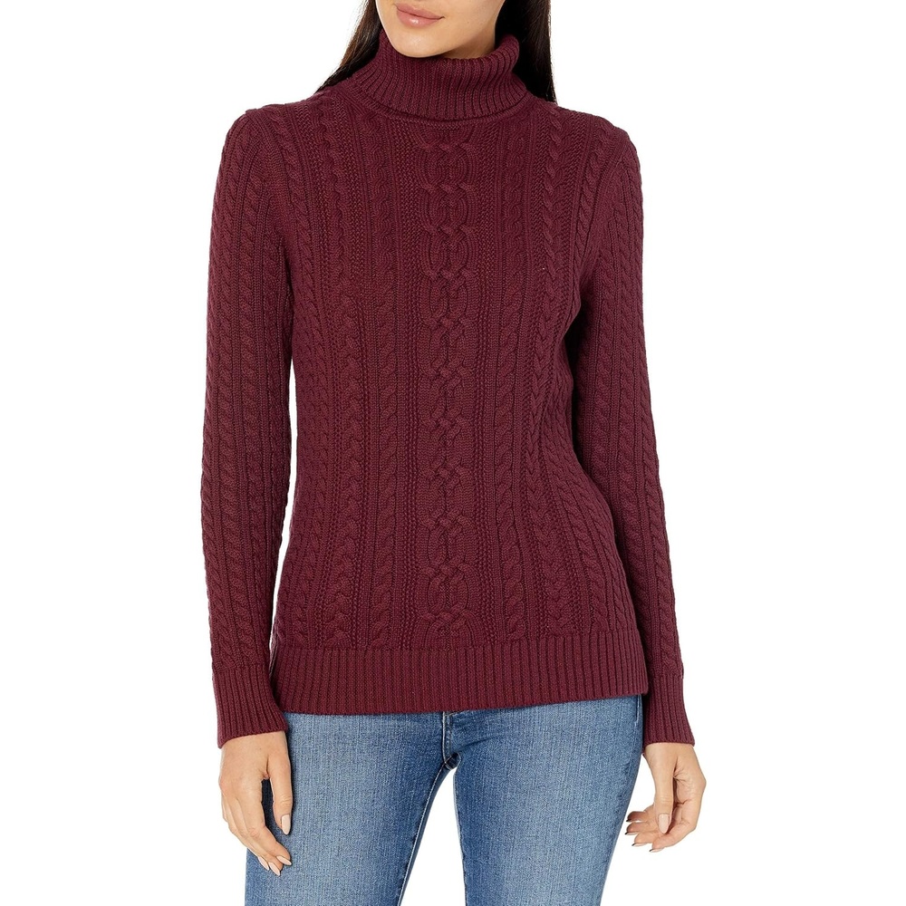 image:imageAmazon Essentials Womens Long Sleeve Fisherman Cable Knit Turtleneck Sweater Available in Plus SizeBurgundy