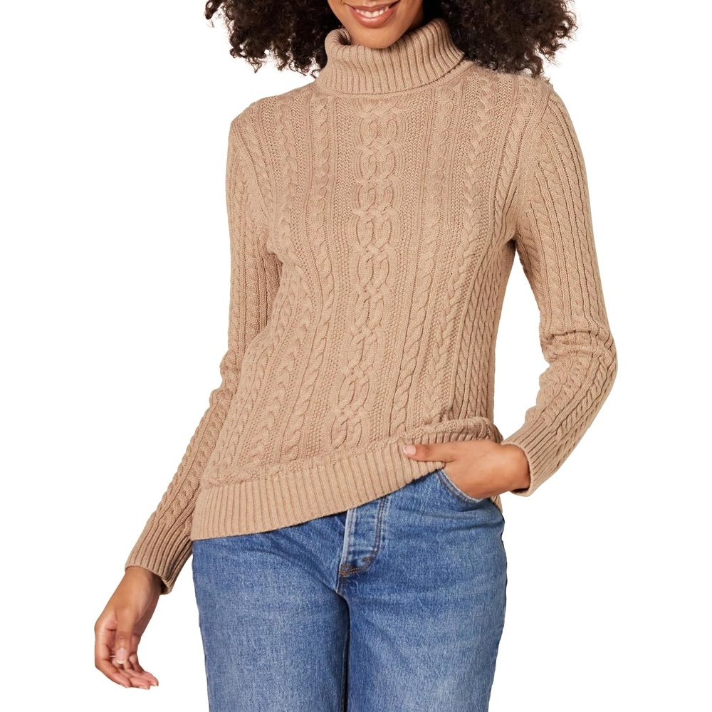 image:imageAmazon Essentials Womens Long Sleeve Fisherman Cable Knit Turtleneck Sweater Available in Plus SizeCamel Heather