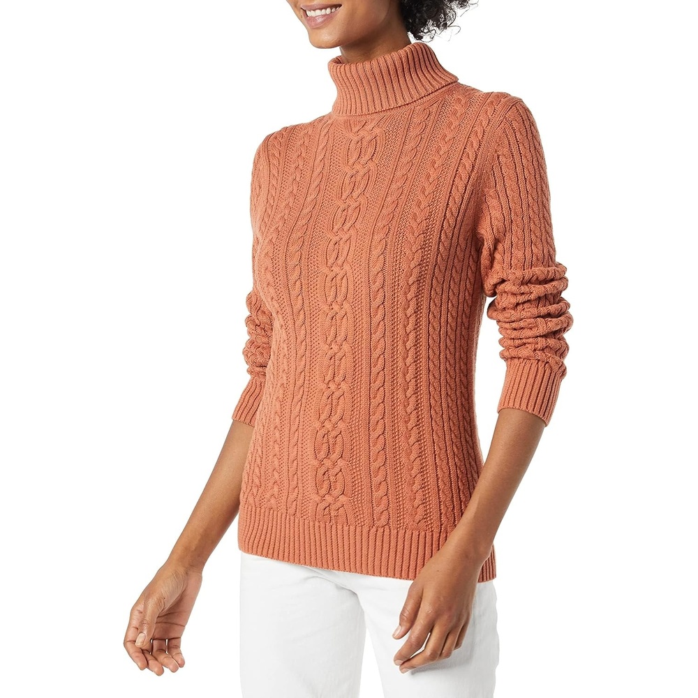 image:imageAmazon Essentials Womens Long Sleeve Fisherman Cable Knit Turtleneck Sweater Available in Plus SizeCaramel