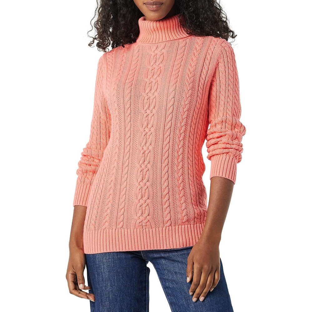 image:imageAmazon Essentials Womens Long Sleeve Fisherman Cable Knit Turtleneck Sweater Available in Plus SizeCoral Pink