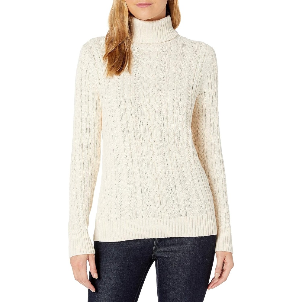 image:imageAmazon Essentials Womens Long Sleeve Fisherman Cable Knit Turtleneck Sweater Available in Plus SizeCream