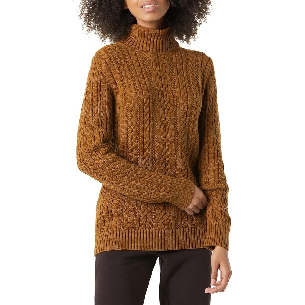 image:imageAmazon Essentials Womens Long Sleeve Fisherman Cable Knit Turtleneck Sweater Available in Plus SizeDark Chestnut Brown Heather