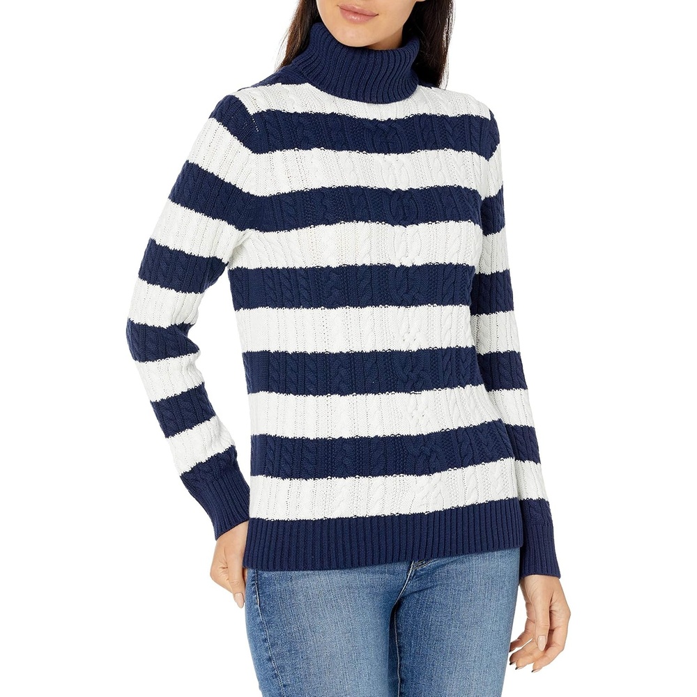 image:imageAmazon Essentials Womens Long Sleeve Fisherman Cable Knit Turtleneck Sweater Available in Plus SizeNavy White Rugby Stripe